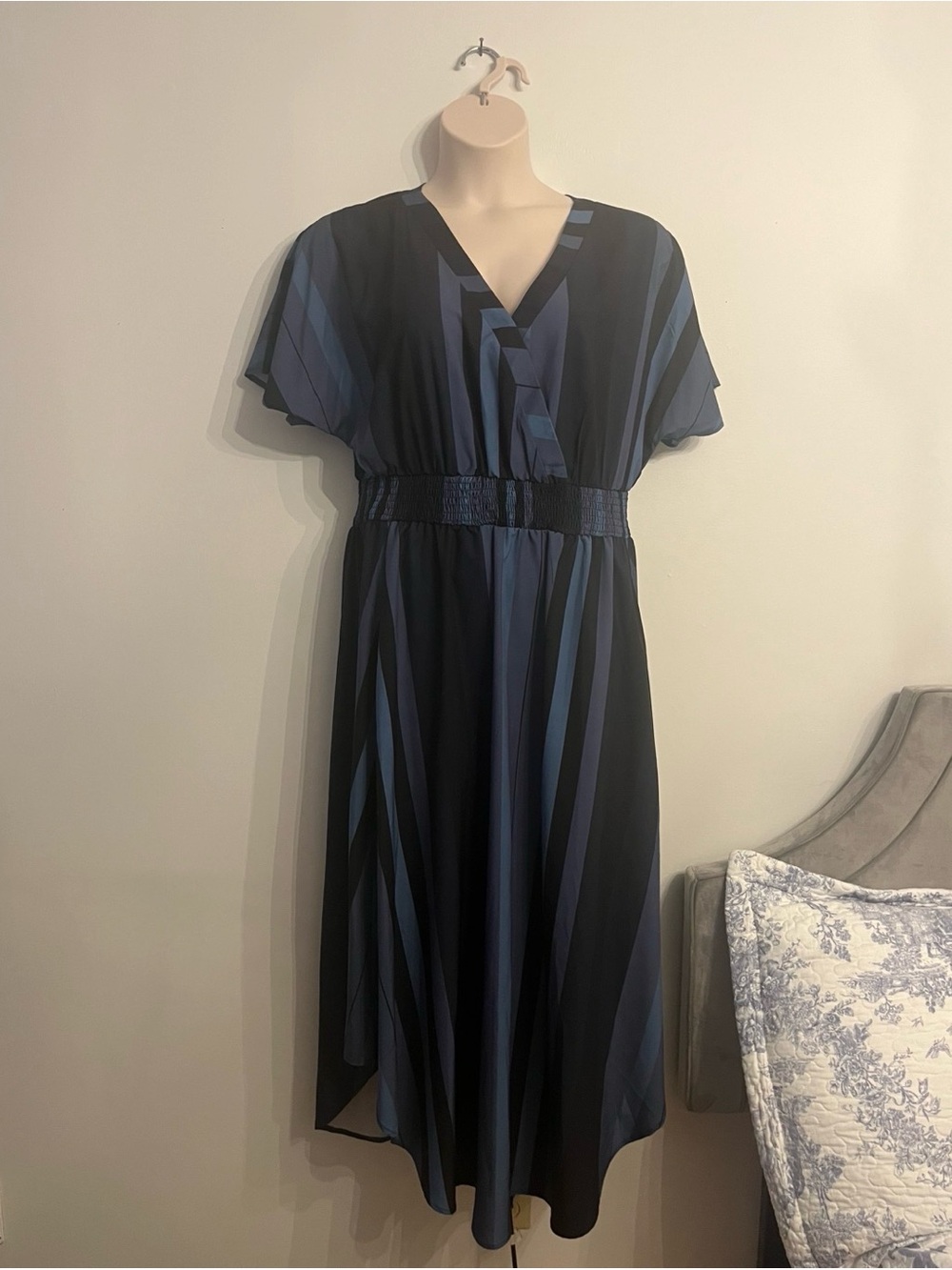 BloomChic Navy & Slate Blue Striped V‑Neck Midi Dress